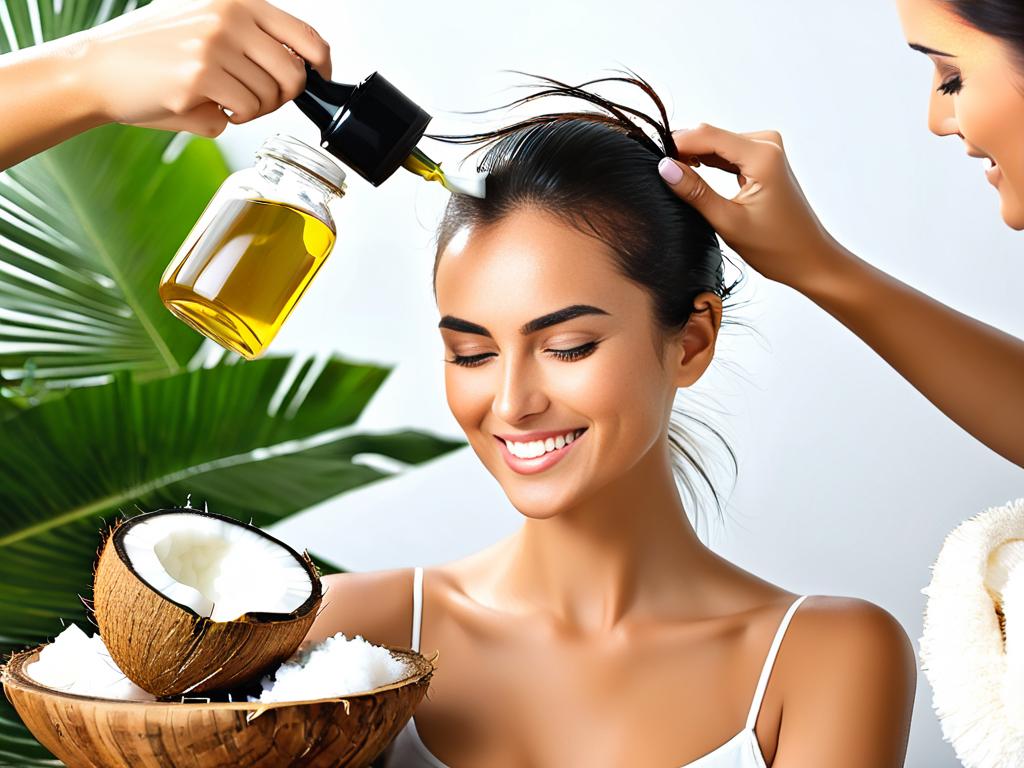 Женщина наносит кокосовое масло на волосы