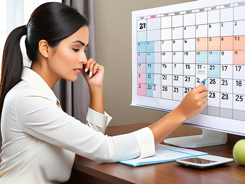 Женщина смотрит в календарь, считает дни с момента последних месячных, нормальная задержка 5-7 дней
