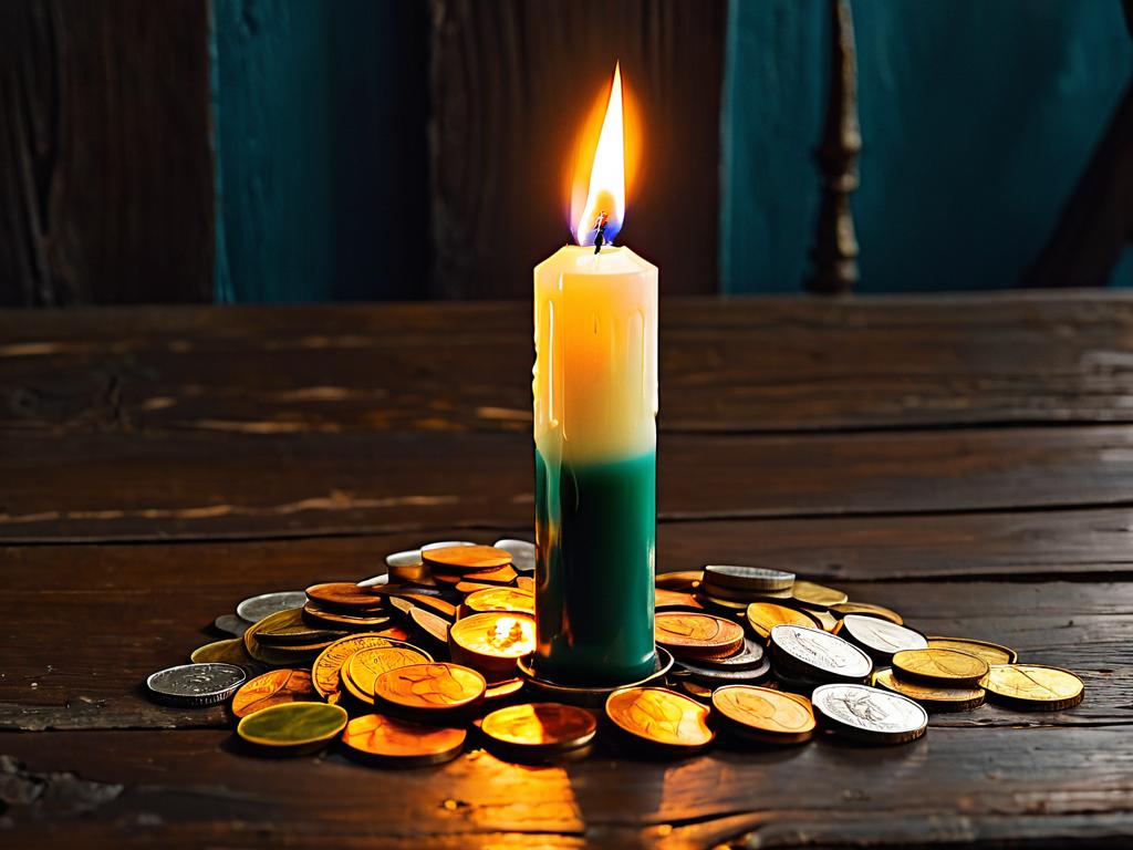 Крупный план - горящая свеча с монетами вокруг на старом столе, традиционная обстановка для ритуала