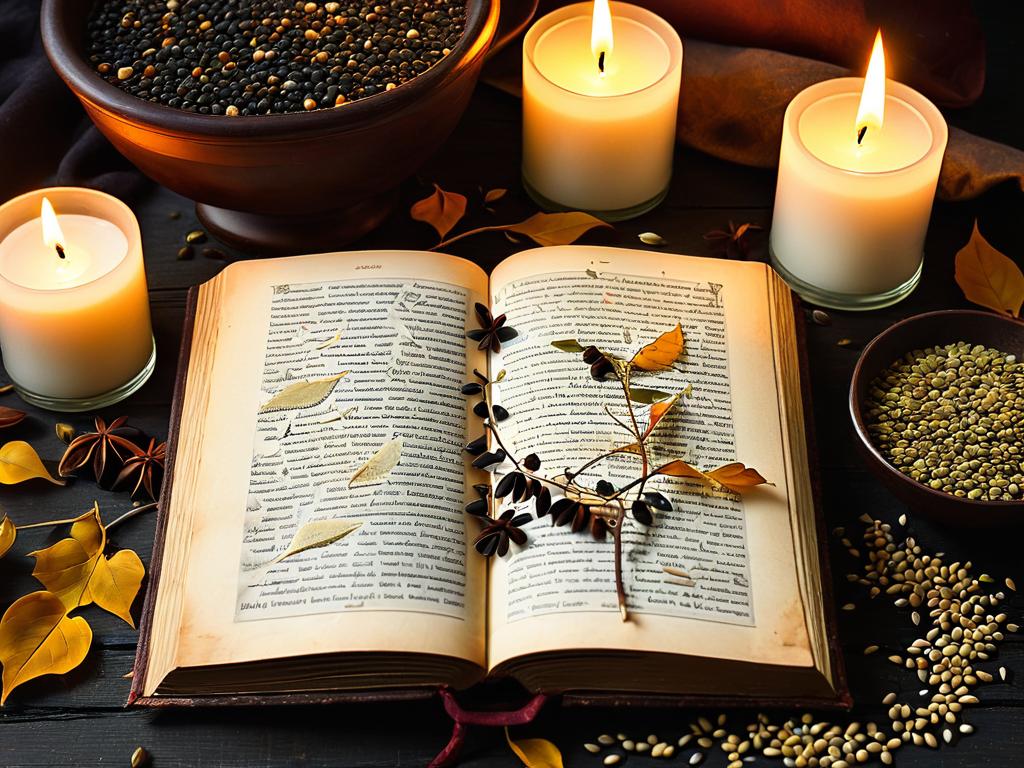 Открытая старая книга со свечами и семенами вокруг - символы магических ритуалов