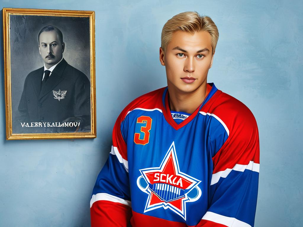Александр Харламов в форме ЦСКА с портретом отца Валерия Харламова