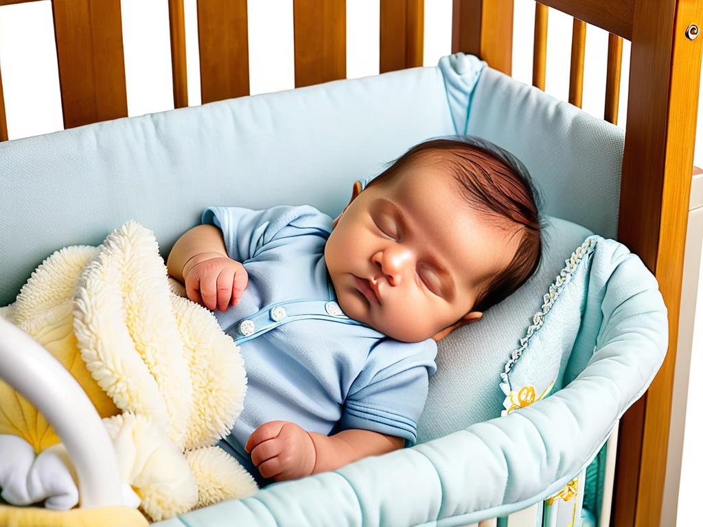 Новорожденный спит в кроватке. Объясняет типичные проблемы со сном, например, частые ночные