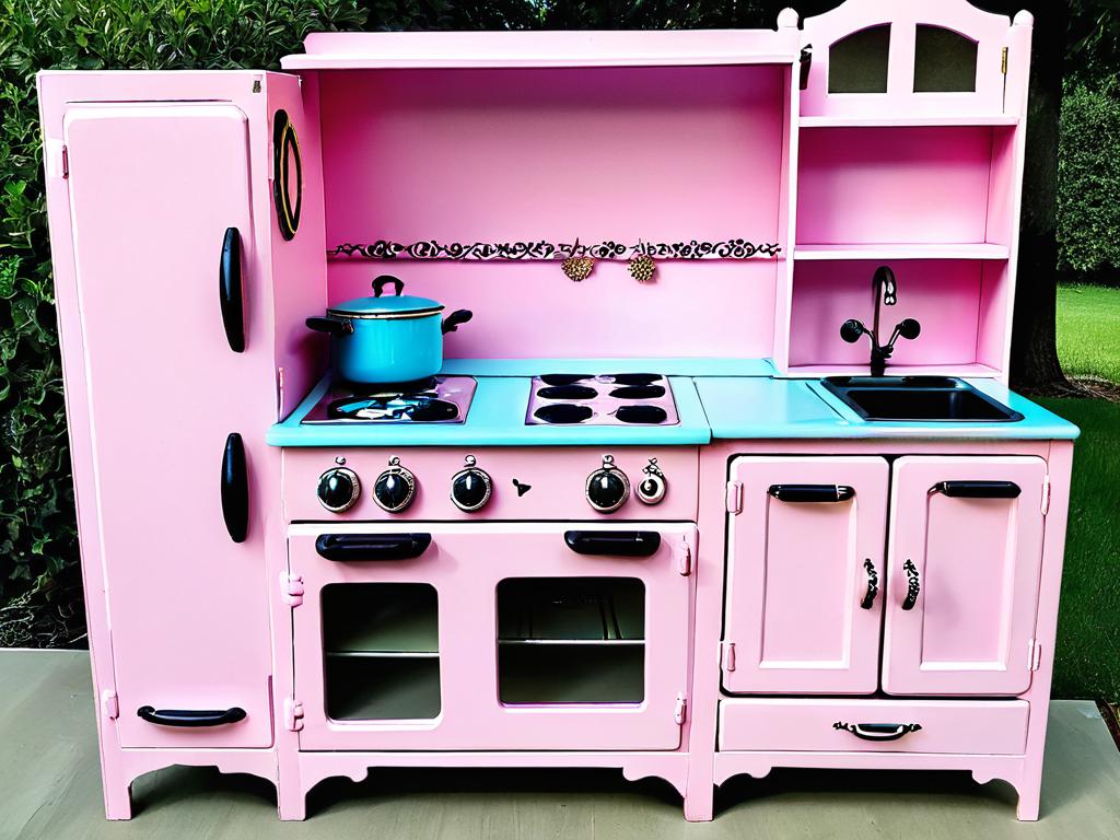 Старый шкаф переделанный в детскую кухню розового цвета