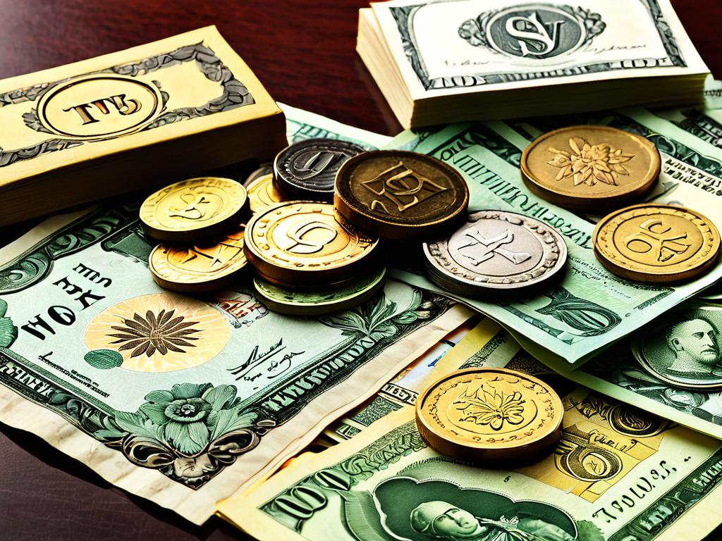 На фото представлены различные формы исторических денег - монеты, бумажные деньги, документы