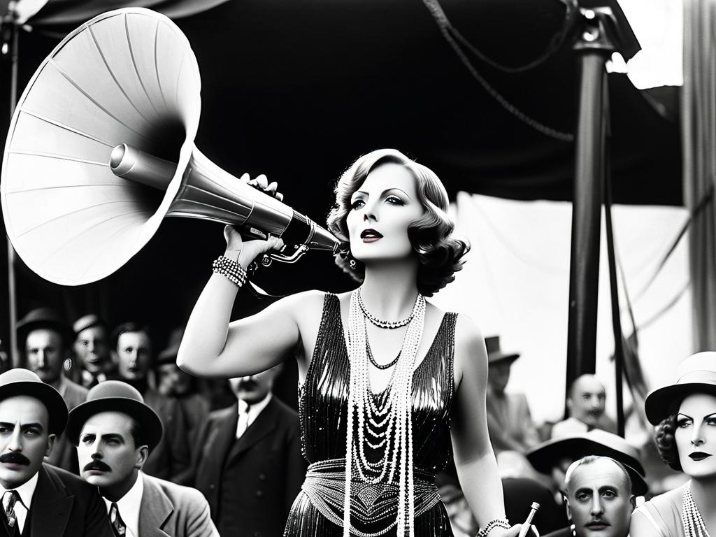 Грета Гарбо на съемочной площадке немого фильма с рупором