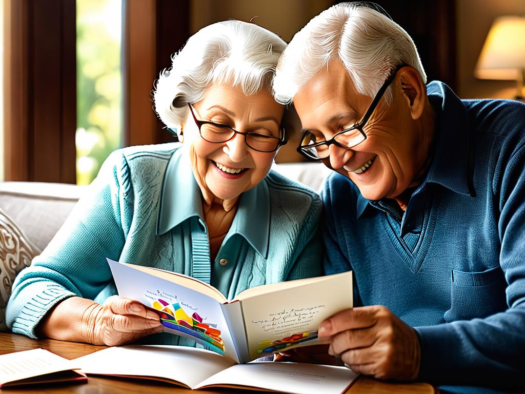 Счастливая пожилая пара читает и улыбается открытке с поздравлением к годовщине свадьбы