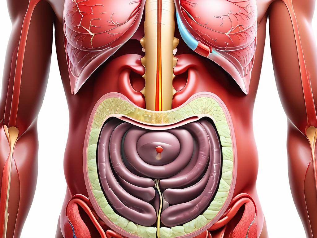 Медицинская схема расположения желудка внутри брюшной полости. Полезна для образовательных статей о