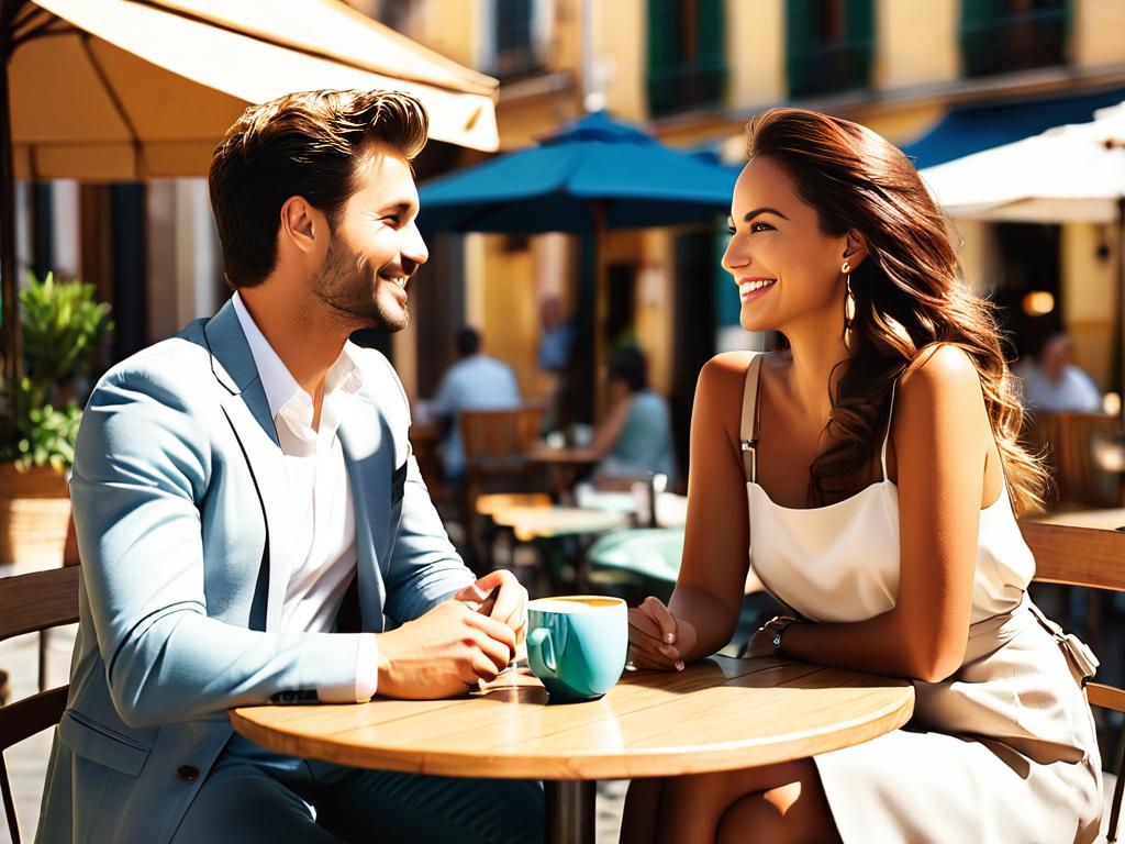 Пара спокойно разговаривает за столиком кафе в солнечный день