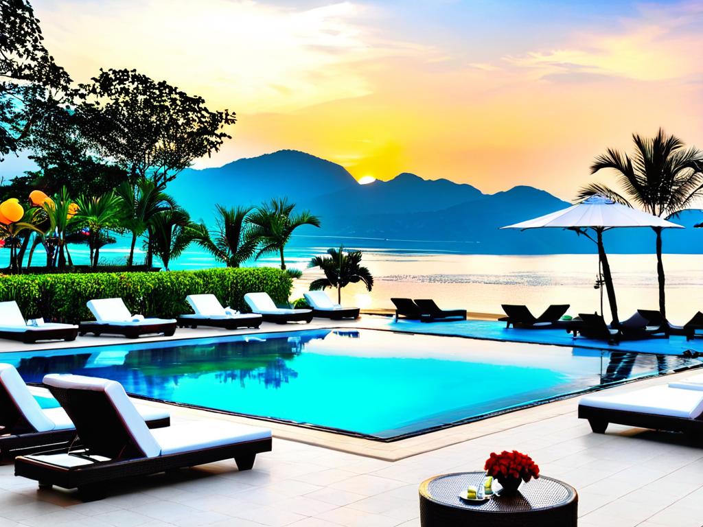 Бассейн с шезлонгами в отеле Sunrise Nha Trang Beach Hotel