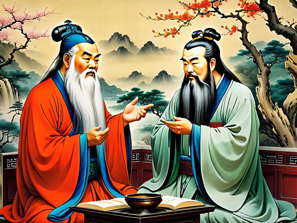 Классическая китайская живопись, изображающая беседу Конфуция и Лао-цзы, основателей конфуцианства