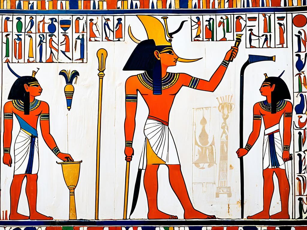 Древнеегипетская настенная роспись с изображением бога Осириса с жезлом и плетью. Она иллюстрирует