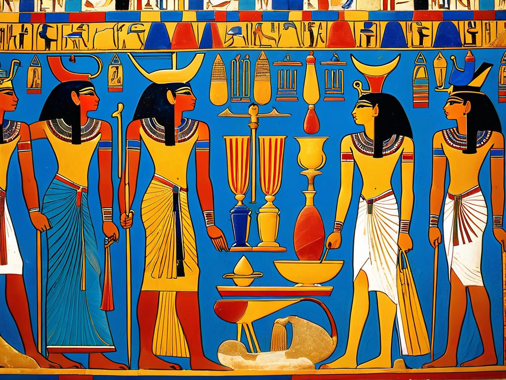 Древнеегипетская гробничная роспись с использованием ярких минеральных пигментов - красного,