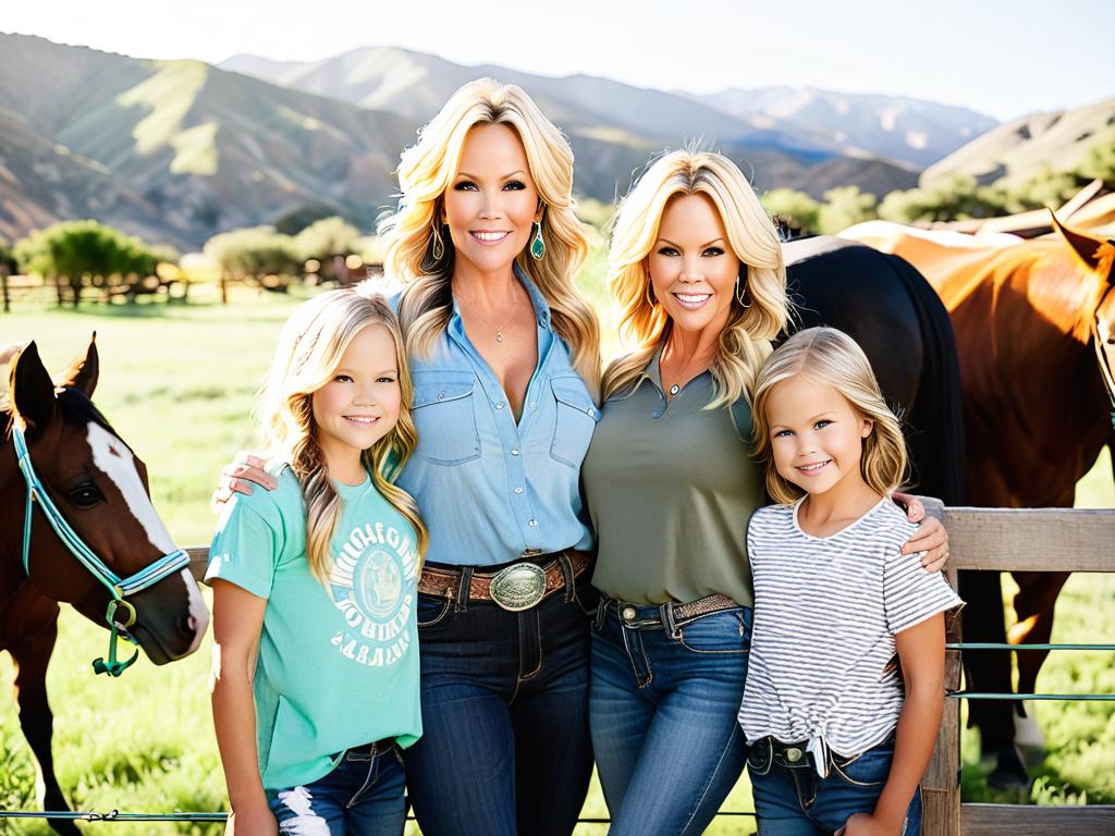 Дженни Гарт позирует со своими дочерьми на открытом воздухе на ранчо