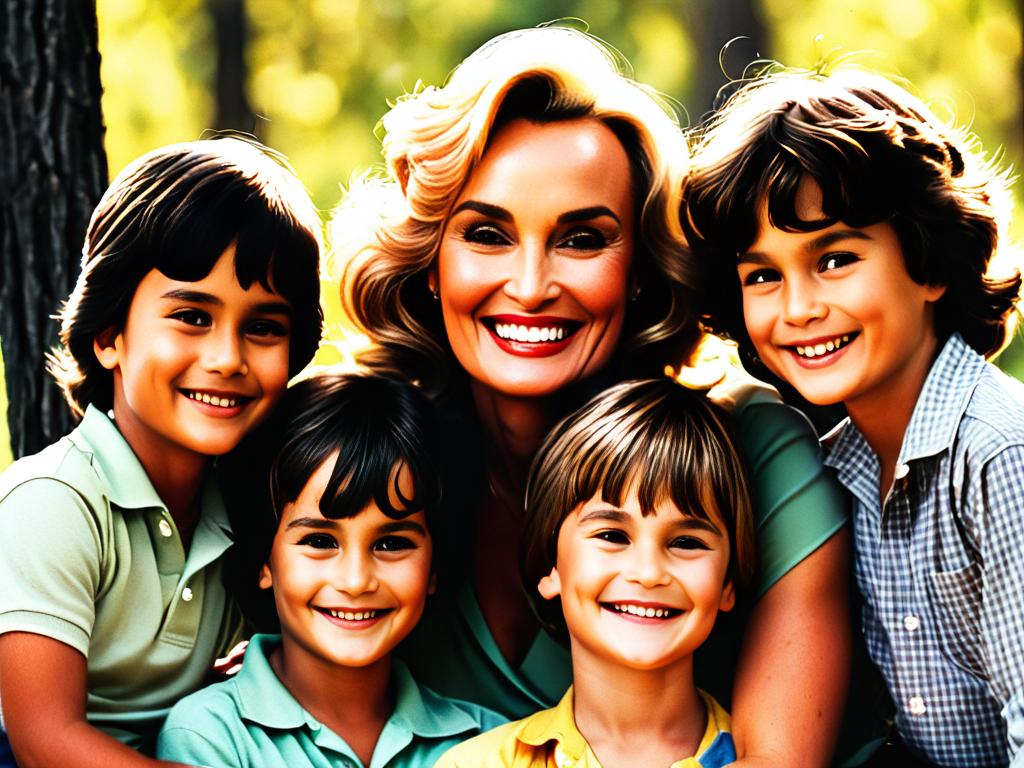 Джессика Лэнг с тремя детьми с улыбками