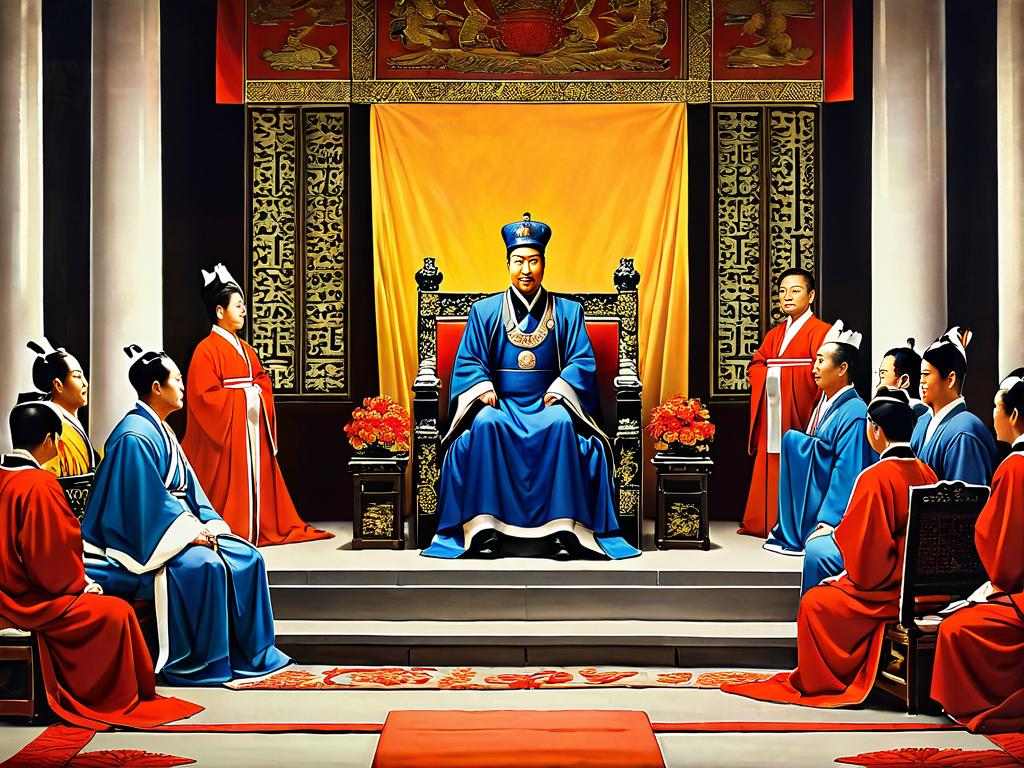 Картина императора на троне, принимающего дань от подданных