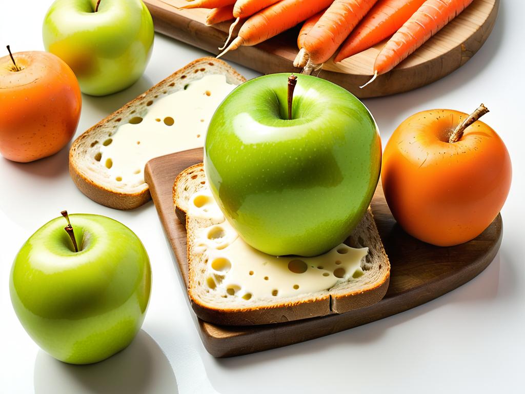 Зеленое яблоко, морковь, сыр и хлеб - примеры полезных продуктов для детей