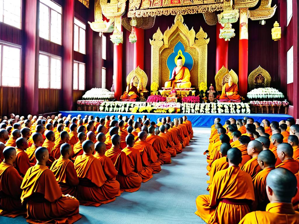 Далай-лама выступает с речью перед российскими буддистами в большом храмовом зале с изображениями