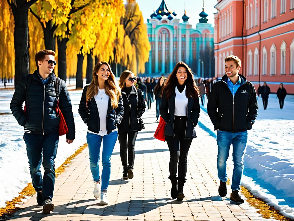 Студенты гуляют по территории Московского государственного лингвистического университета.