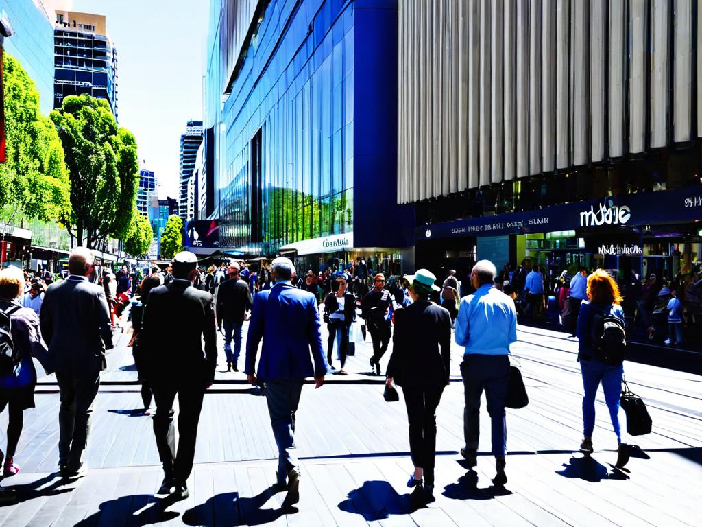 Люди идут по оживленной улице в центре города Мельбурн