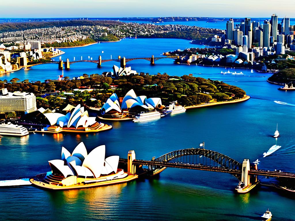 Панорамный вид с воздуха на небоскребы Сиднея с оперным театром и городским мостом