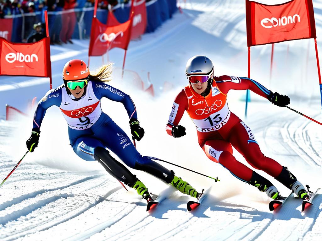 Эдуарда Латыпова и Жюли Симон показаны быстро катящимися на лыжах во время гонки, сражающимися за