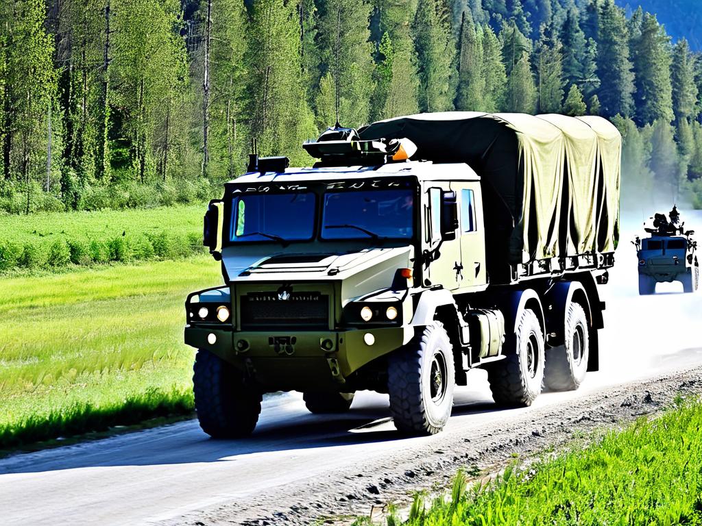 Современные военные грузовики перевозят войска и технику в рамках учебных маневров