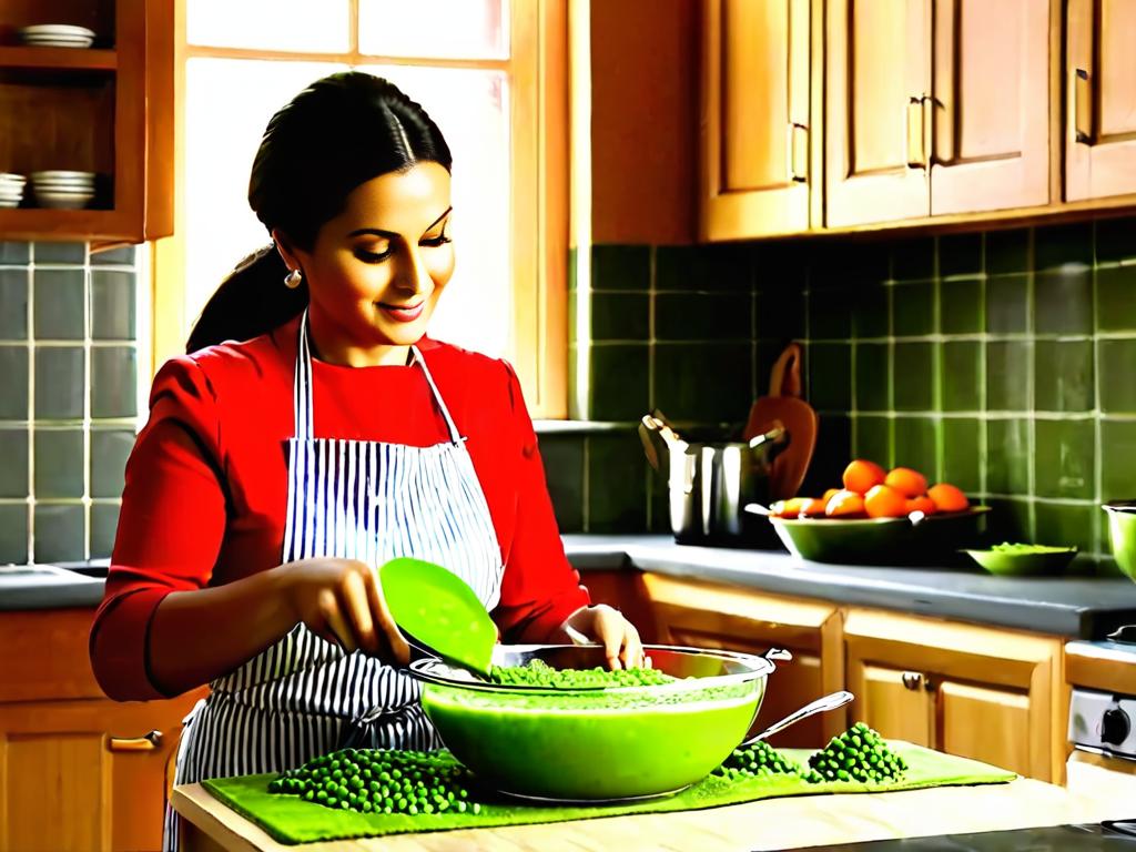Женщина готовит гороховое пюре на кухне