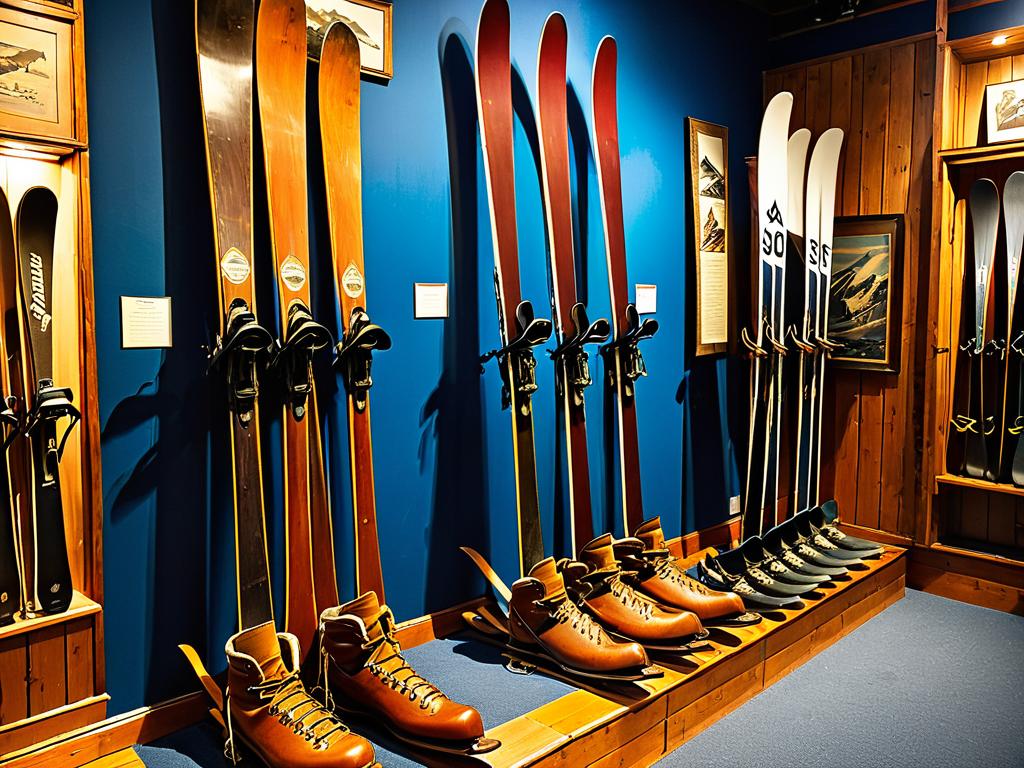 Старинные деревянные лыжи и кожаные ботинки в музее лыжного спорта