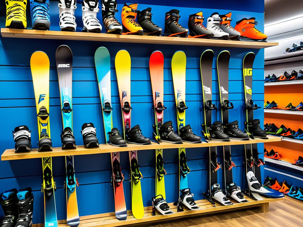 Различные современные лыжи, ботинки и крепления, выставленные на полке в магазине спортивных товаров