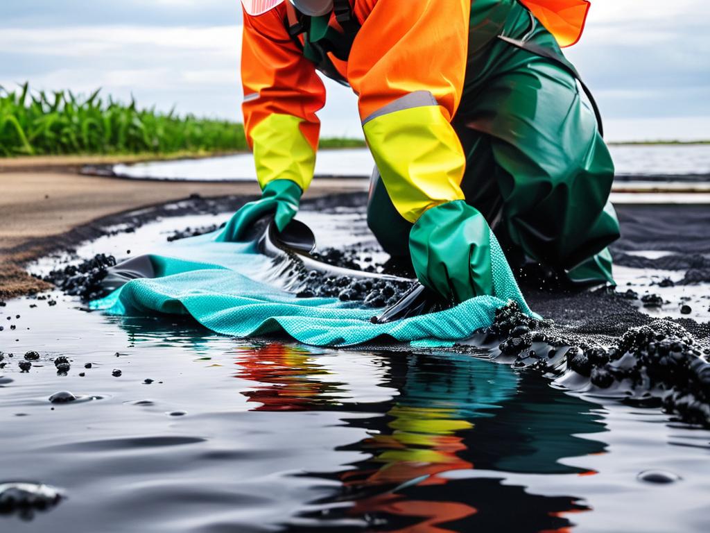 Ликвидация разлива нефти с использованием гидрофобного абсорбирующего материала