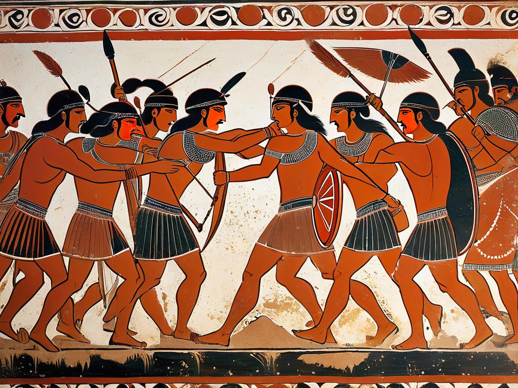 Древняя этрусская настенная роспись в гробнице, изображающая воинов, сражающихся на похоронных
