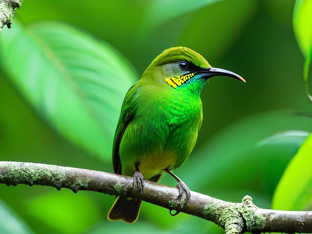 Яркая зеленая птичка с рогом на голове