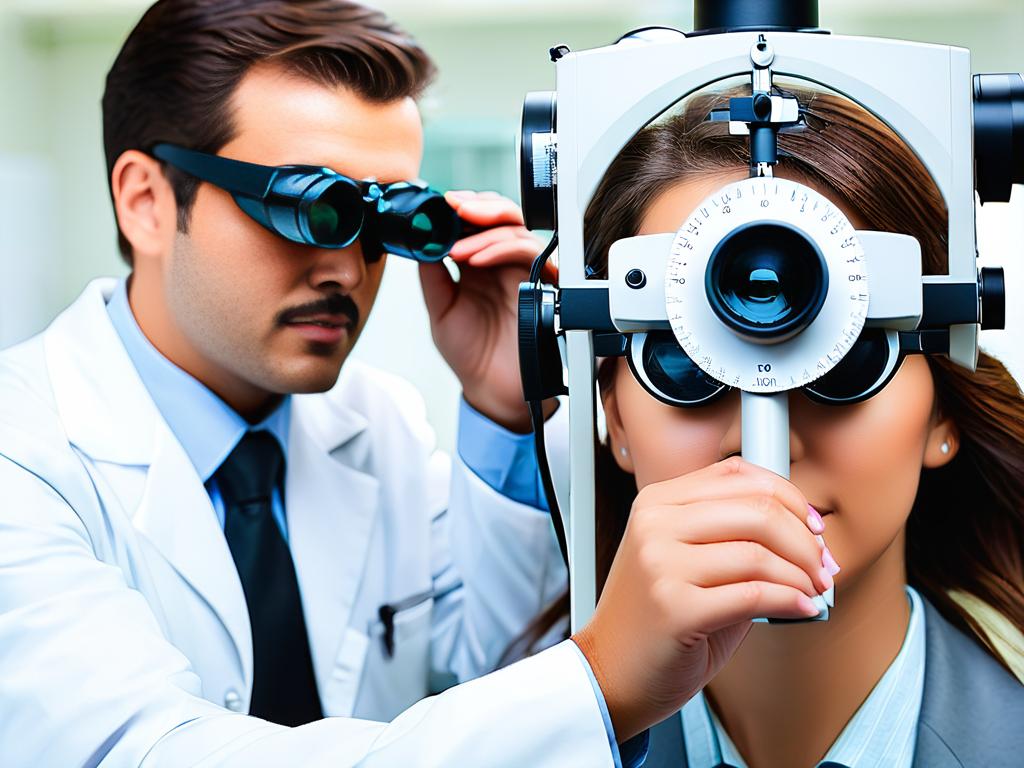 Человек проходит осмотр и проверку зрения у офтальмолога