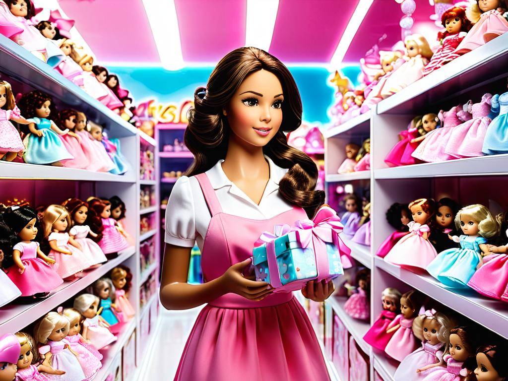 Женщина в магазине игрушек держит в руках говорящие куклы девочки со звуком и световыми эффектами в