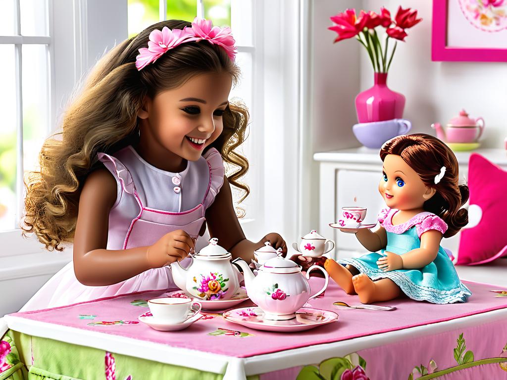 Девочка играет с говорящей куклой девочкой со звуковыми эффектами в чаепитие, разговаривает и