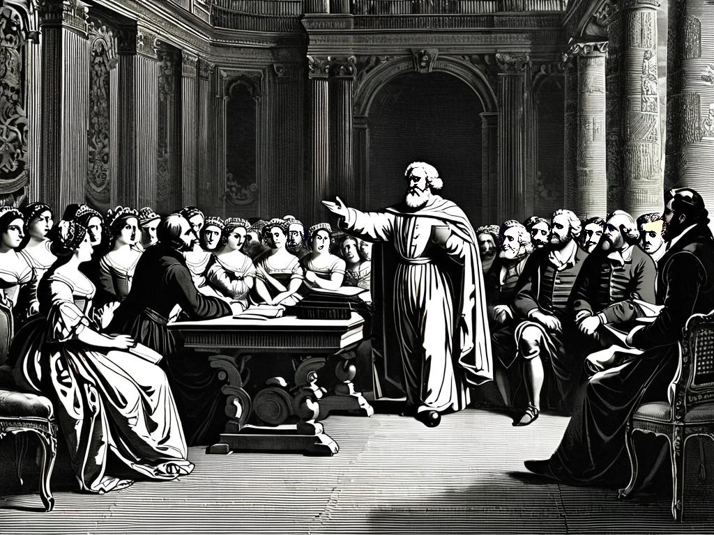 Гравюра, изображающая сцену из классической французской пьесы с персонажем-резонером, поучающим