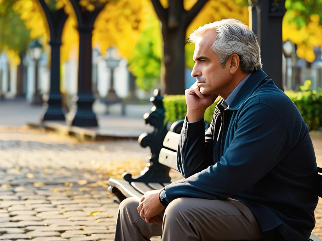 Фото задумчивого мужчины средних лет, одиноко сидящего на скамейке и смотрящего куда-то вдаль