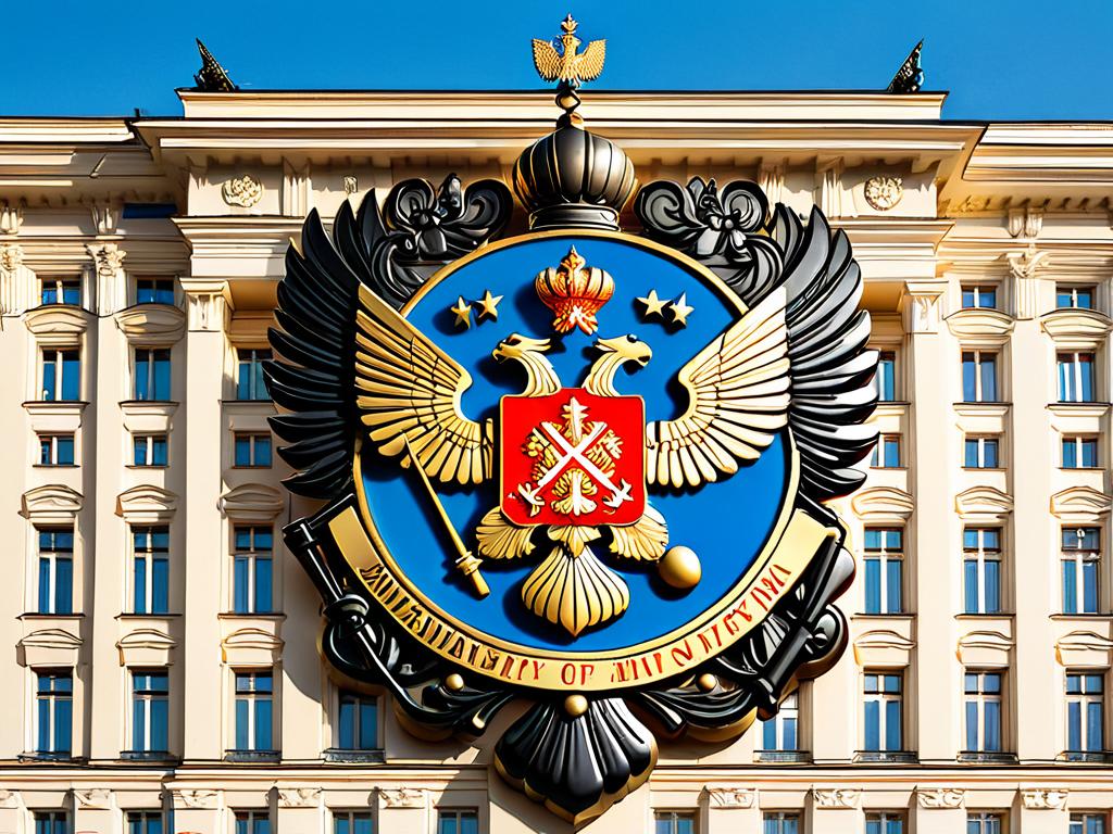 На фото изображен исторический герб МВД России на фоне официальных зданий министерства. Герб