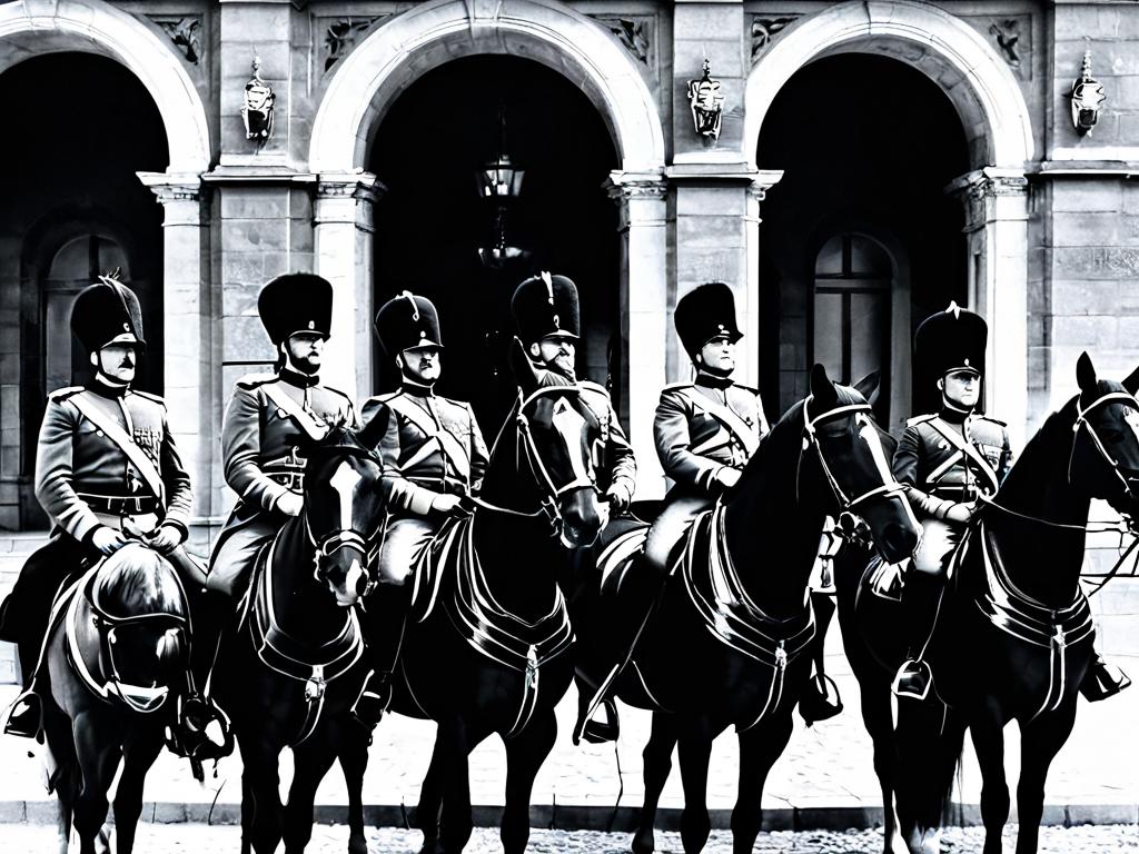 Историческая черно-белая фотография XIX века. Группа жандармов в форме с лошадьми у официального