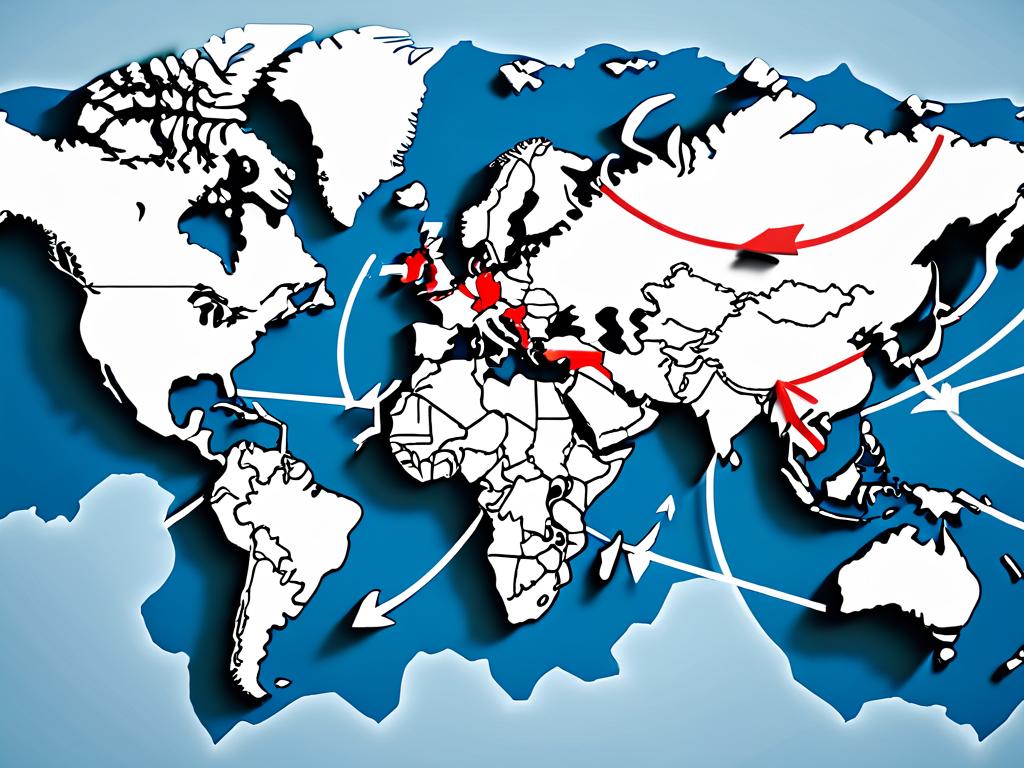 Карта мира с соединяющими континенты стрелками, символизирующая глобальную интеграцию