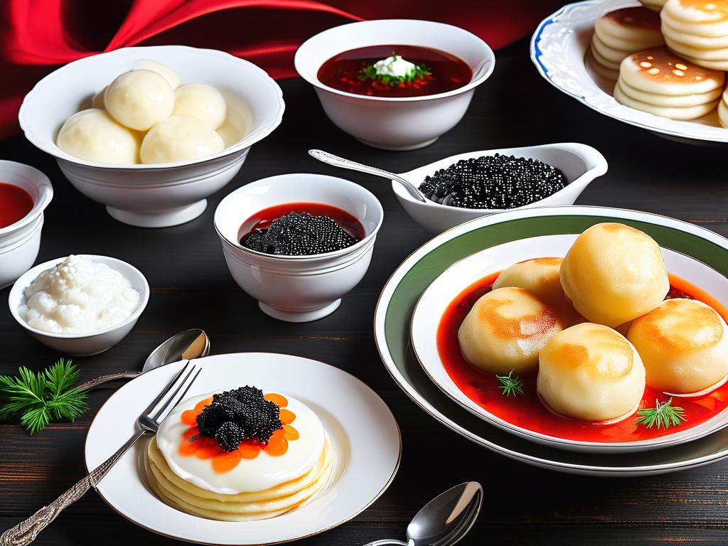 Аппетитные традиционные блюда русской кухни, подаваемые в ресторане: вареники, борщ в тарелках,