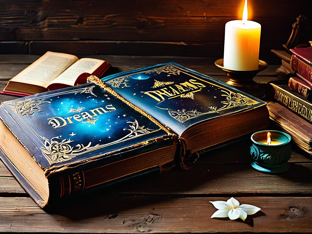 Старая книга об осознанных снах на старинном деревянном столе рядом с горящей свечой