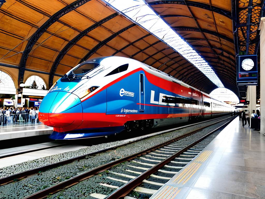 Скоростной поезд Leonardo Express прибывает на железнодорожный вокзал Рима Термини