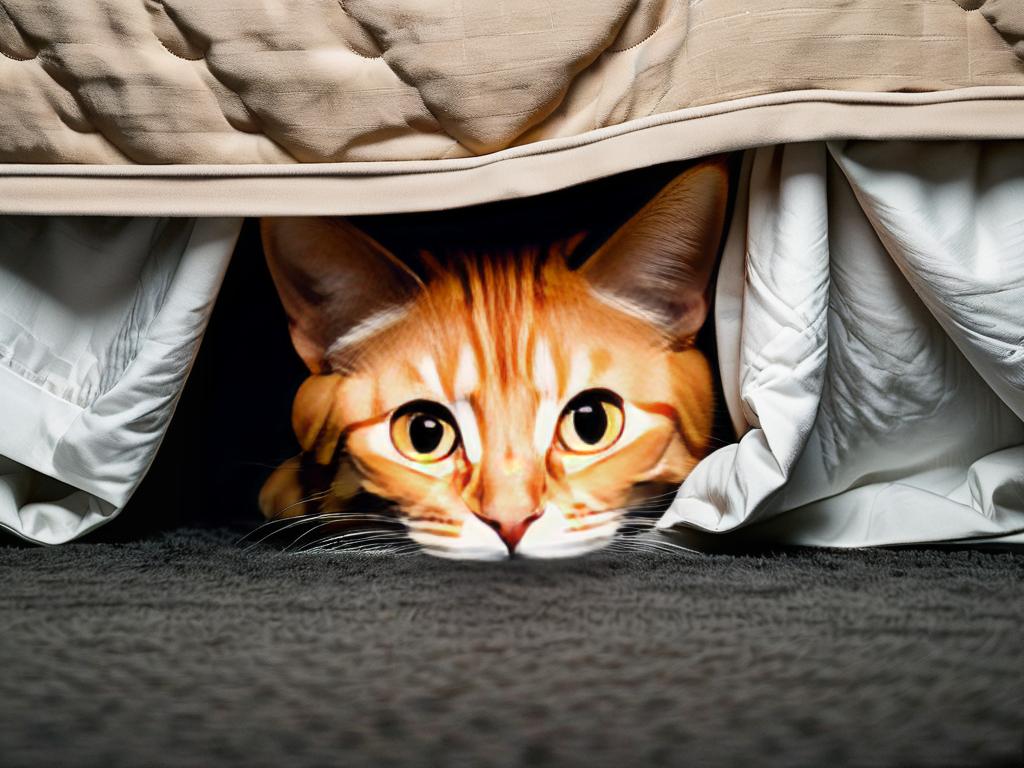 Испуганный рыжий кот прячется под кроватью, из темноты видны только его глаза и уши