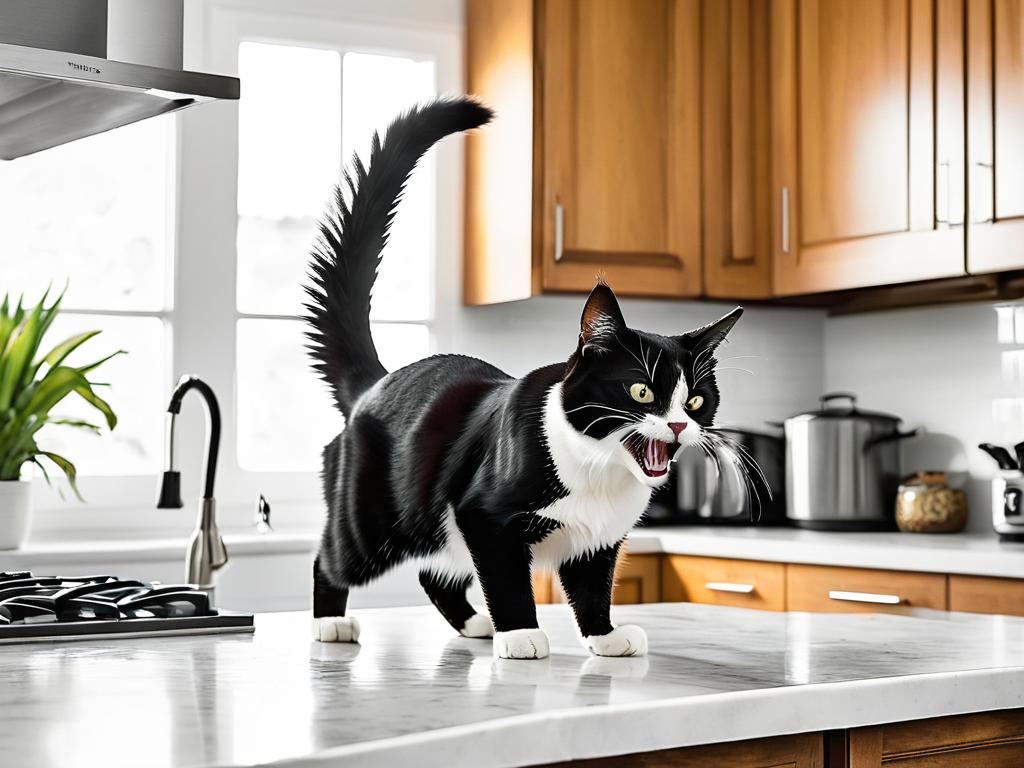 Разъяренный черно-белый кот выгибает спину и шипит, сидя на кухонной стойке