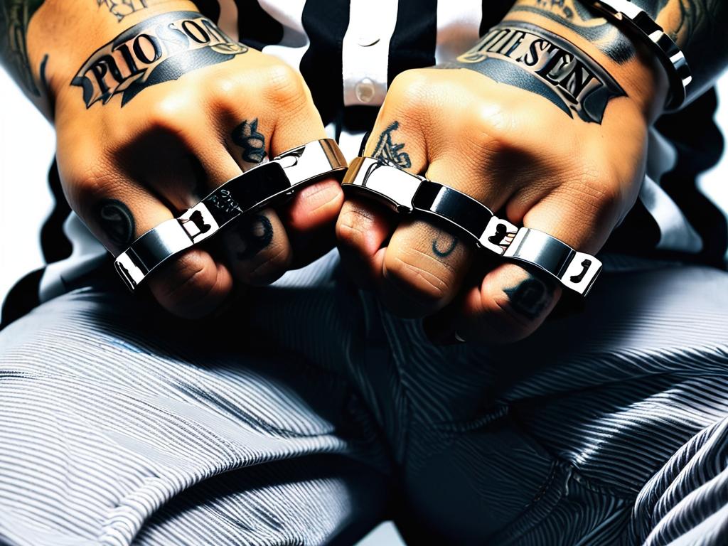 Наручники на мужских руках с тюремными татуировками-перстнями на пальцах.