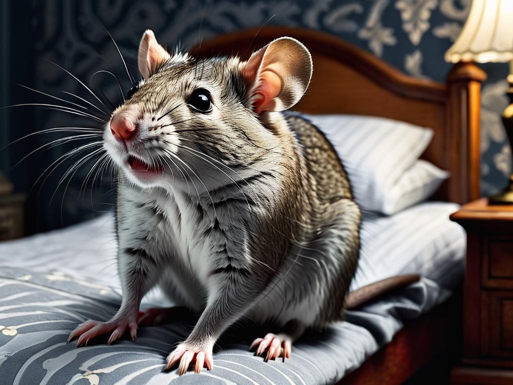 Испуганный мужчина видит большую серую крысу во сне. Крыса сидит возле его кровати и с любопытством