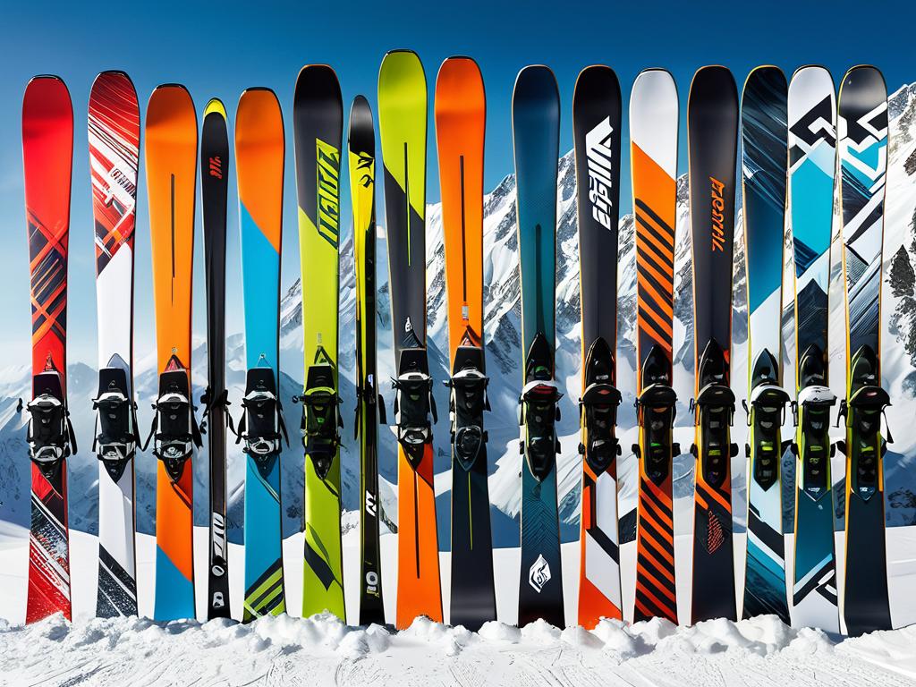 На фото представлены различные типы горных лыж для разных дисциплин: универсальные, фрирайд,