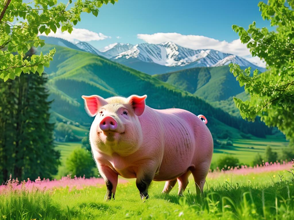 Жирная розовая свинья стоит на зеленом лугу с деревьями и горами на заднем плане в солнечный день
