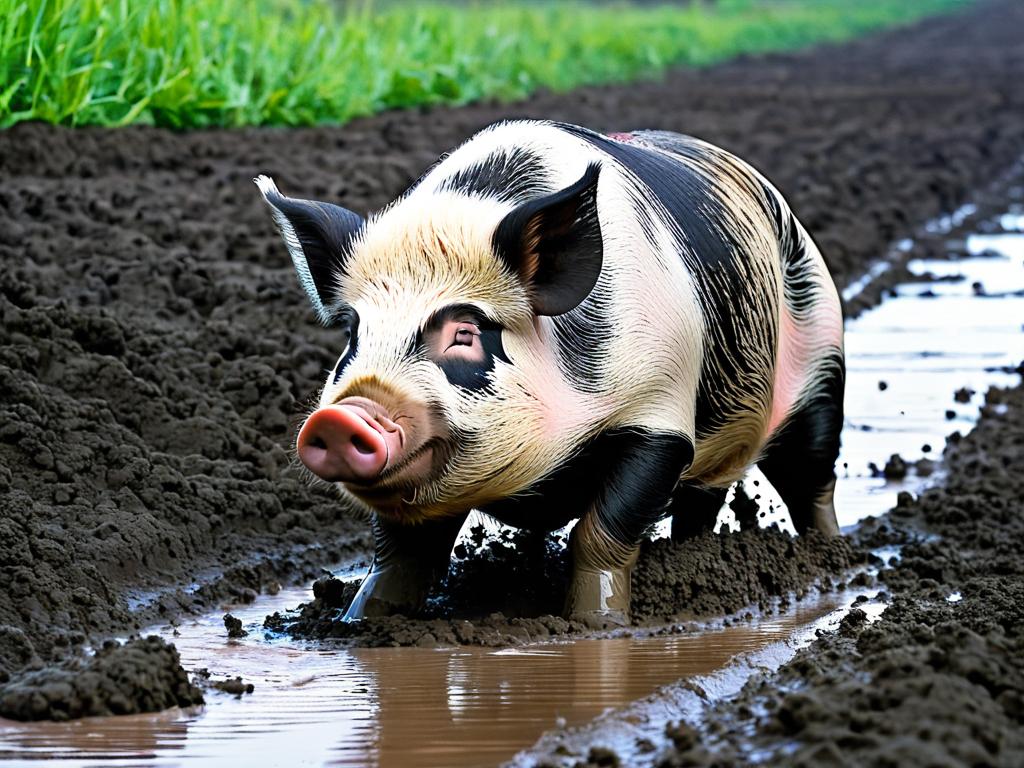 Грязная свинья валяется в грязи и хрюкает